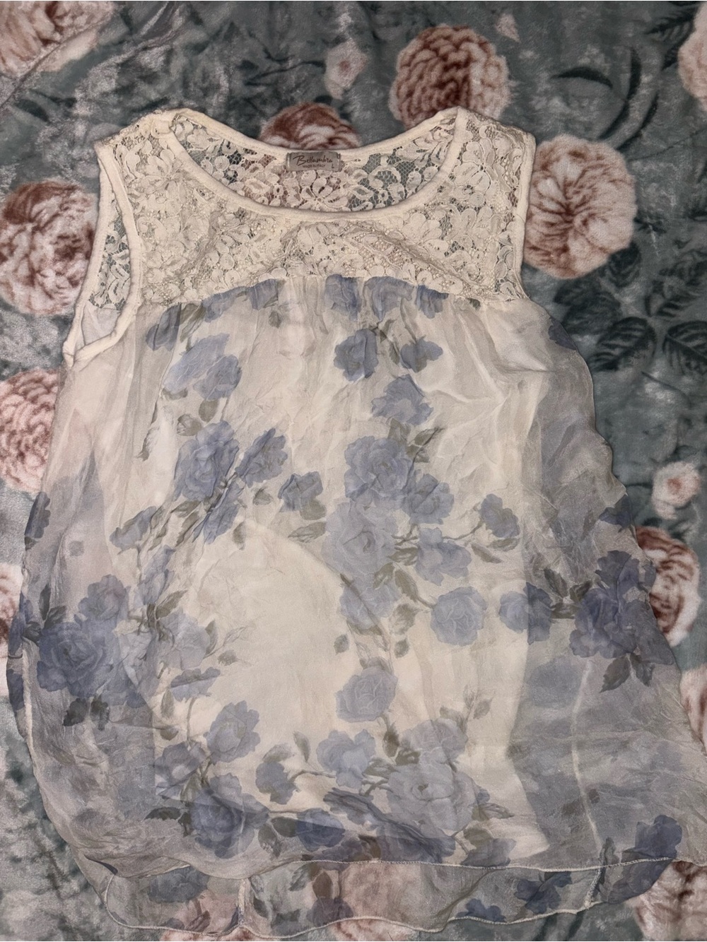 Floral Lace Sleeveless Blouse - White with Light Blue Floral